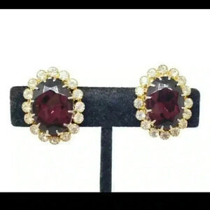 Vintage Earrings BIG PURPLE Faceted Rhinestone Clear Stones Clips Austria